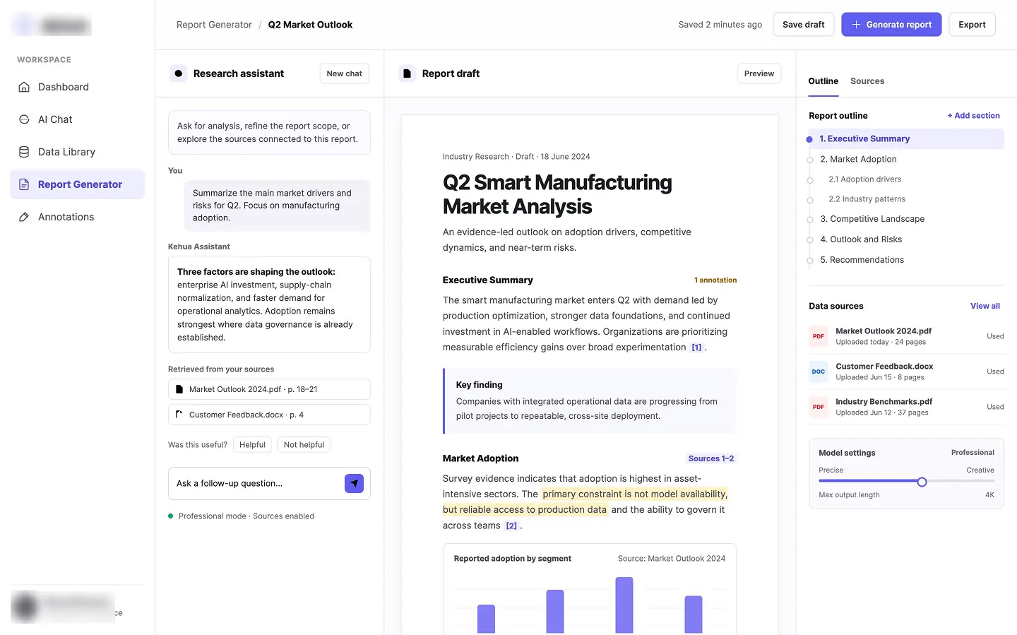 Enterprise AI research analysis workspace with report generation