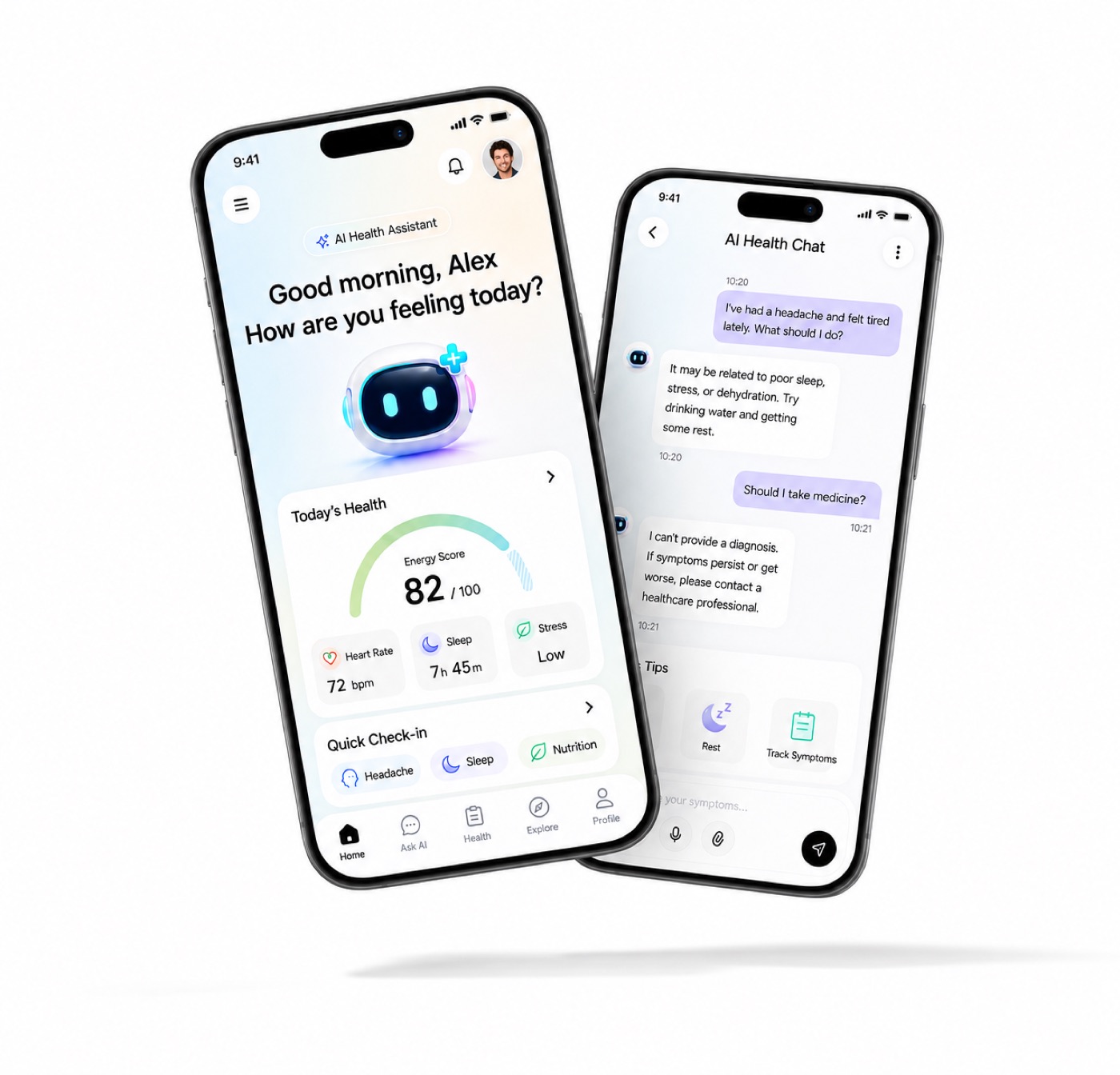 AI health companion app with daily energy score and safety-guardrailed chat